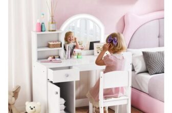 AIYAPLAY Girls Dressing Table with LED Mirror and Stool, White