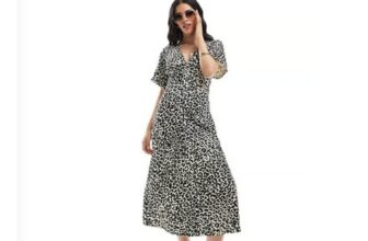 ASOS DESIGN Roll Sleeve Button Front Midi Tea Dress in Animal Print