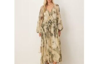 ASOS DESIGN v Neck Smock Midi Dress with Ruffles in Green Abstract Print