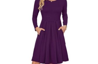 AUSELILY Womens Long Sleeve Pleated Loose Swing Casual Dress