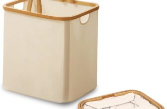 AYES Foldable Laundry Basket,Collapsible Clothes Hamper with Handles,Space Saving Storage Bin,Waterproof Fabric with Bamboo Frame for Bedroom and Bathroom (Beige, 55L)