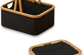 AYES Foldable Laundry Basket,Collapsible Clothes Hamper with Handles,Space Saving Storage Bin,Waterproof Fabric with Bamboo Frame for Bedroom and Bathroom (Black, 22L)