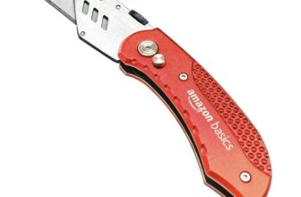 Amazon Basics Durable Folding Utility Knife with Aluminum Body, Red