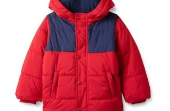Amazon Essentials Boys Hooded Puffer Jacket, Navy/Red Colour-Block, 2 Years
