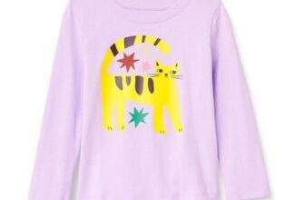 Amazon Essentials Girls Long-Sleeve T-Shirts, Lilac Cat, 9 Years