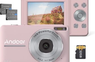 Andor Digital Camera, 32GB Memory Card, 1080P Portable Mini Camera, 44MP, 2.45-inch IPS Display, 16x Digital Zoom, Comes with 2 Batteries, Perfect Kids Camera for Holiday Vlog Shooting – Pink.