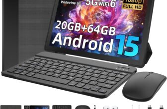 Android 15 Tablet, 10.4 inch Tablet, Android Tablets with Keyboard Pen Case Mouse Earphone, 20GB RAM64GB ROM (TF 1TB), 5000mAh, WiFi 6, BT5.4, Dual Cameras & Speakers, Black