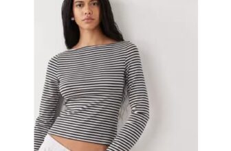 Annie Soft Boat Neck Long Sleeve Top in Dark Grey and Light Grey Stripe