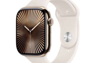 Apple Watch Series 10 GPS Cellular, 46mm Gold Titanium Case with Starlight Sports Band M/L or Stone Grey Sports Band S/M – Auto Discount