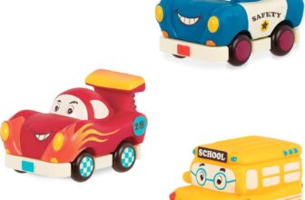 B. toys Mini Wheeee ls 3 Pieces Mini Pull Back Vehicles Set, Bus & Cars, Multi, Hot Rod, School Bus, Police Car 1 year