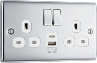 BG Electrical 12W Double Switched Power Wall Plug Socket with Type A and Type C USB Charging Ports, Nexus Metal, Polished Chrome, 13A