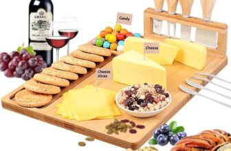 Bamboo Cheese Cutting Board Large 4 Piece Knife-Set Charcuterie Serving Platter Tray Cheeseboard for Wedding Christmas Birthday Gifts Anniversary Wine Party Celebrations