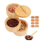 Bamboo Salt Cellar with Swivel Lid, Spoon, 3-Tier Pot, Labels
