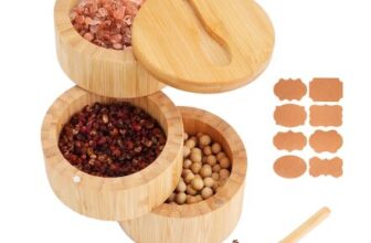 Bamboo Salt Cellar with Swivel Lid, Spoon, 3-Tier Pot, Labels