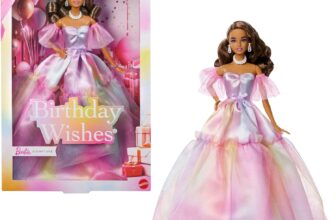 Barbie Signature Birthday Wishes Fashion Doll with Brown Hair in Dress with Pastel Rainbow Effect, Collectible Toy with Giftable Packaging, JJX78