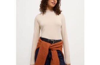 Beige Grown on Neck Long Sleeve Soft Jersey Top