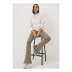 Beige Ribbed Flare Side Split Leggings
