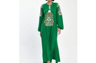 Belissh Embroidered Maxi Dress with Tie Neck in Green