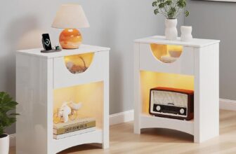 Bestier Bedside Table with LED Light & USB Port & TypeC, Modern Nightstand with Half-moon Translucent Ribbed Acrylic & 1 Wooden Storage Drawer & Open Cupboard for Bedroom Living Room Office (Two set)