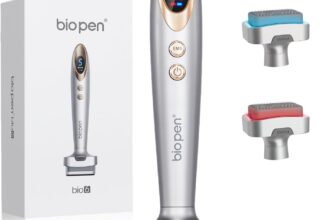 Biopen Derma Stamp 140 Pins, Microneedling EMS Vibration Light Care, Microneedling Stamp with 2 Replaceable Heads (0.5mm), Improve Sparse Hairlines and Promotes Hair & Beard Growth(White Gold)