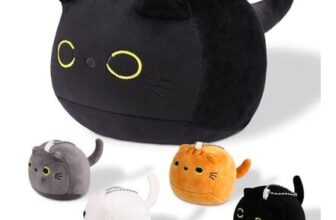 Black Cat Plush Toy Set with 4 Baby Kittens