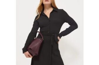 Black Textured Tie Waist Shirt Dress