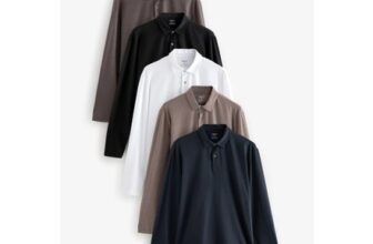 Black/White/Navy/Neutrals Long Sleeve Jersey Polo Shirts 5 Pack
