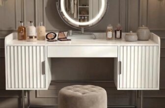 Blisswood Vanity Desk with LED Mirror, Fluted Dressing Table with Drawer & 2 Storage Cabinets, Makeup Desk with 360 Swivelling Mirror, 3-Colour LED Adjustable Brightness, Modern Bedroom Dresser_White