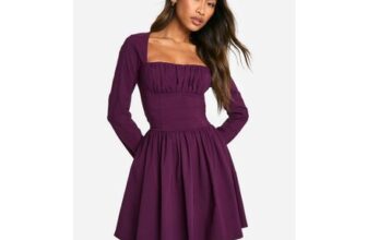 Boohoo Bengaline Corset Long Sleeve Skater Dress