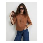 Brown Faux Suede Seam Detail T-Shirt