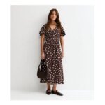 Brown Polka Dot Flutter Sleeve Midi Dress