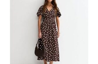 Brown Polka Dot Flutter Sleeve Midi Dress