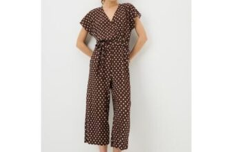 Brown Polka Dot Plisse Belted Jumpsuit