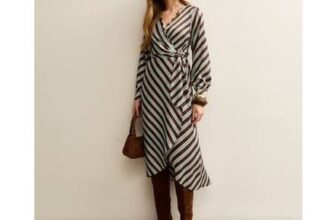 Brown Satin Striped Wrap Midi Dress