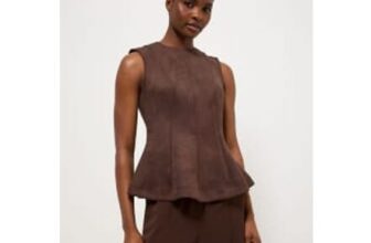Brown Suedette Peplum Sleeveless Top