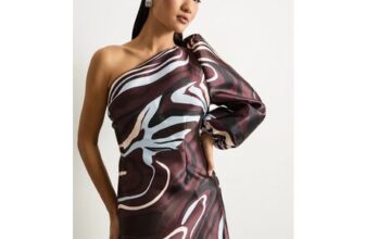 Brown Warehouse Petite Printed One-Shoulder Puff-Sleeve Mini Dress