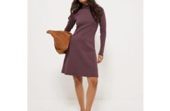 Burgundy Roll Neck Long Sleeve Dress