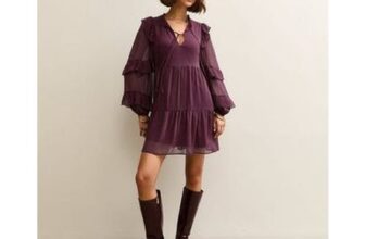 Burgundy Ruffle Trim Chiffon Tiered Mini Dress (Only Size 20)