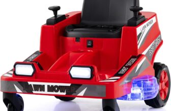 COSTWAY 12V Ride on Lawn Mower for Kids, 2 Motors Electric Car with 360 Twist and Turn, Dual Control Sticks, LED Lights, Outdoor Ride on Toy for 3-8 Years Old (Red)