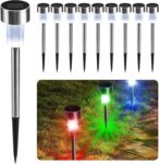 CUQOO Solar Garden Stake Lights 10 Pack Colour-Changing LED, Weatherproof Stainless Steel Solar Lights for Outdoor Pathway Lighting Rechargeable with Automatic Night Activation Energy Class A