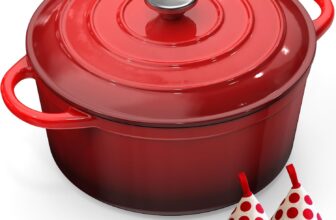 Cast Iron Dutch Oven – 26CM 5L Casserole Dish with Lid Enamelled Cast Iron Round Pot for Bread Baking Braising Stews Roasting, Dutch Pot with Heat-resistant Gloves Easy to Clean – Red Topbooc