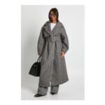 Charcoal Textured Wool-Look Belted Maxi Coat