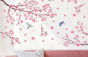 Cherry Blossom Tree Wall Sticker, Floral Birds Wall Art Decals Pink Flower Peel and Stick Flower Wall Stickers for Bedroom Living Room Sofa TV Background Home Wall Decor
