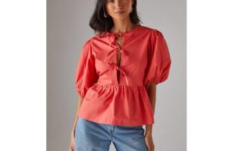 Coral Warehouse Poplin Tie-Front Volume-Sleeve Blouse
