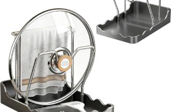 Cosiesnest 2 in 1 Pot Lid & Chopping Board Holder Kitchen Countertop Organiser with Spoon Rest Space Saving Utensil Rack for Baking Trays Pans Easy to Clean (Pot Lid Dish Cloth Holder – Grey)