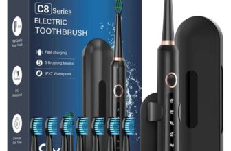 Coulax Pro Sonic Electric Toothbrush with 8 Tooth Brush Replacement Head and 5 Brushing Modes – Black / Pink