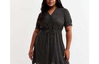 Curves Black Denim v Neck Short Sleeve Front Tie Mini Dress