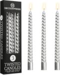 DECO EXPRESS Candles, Pack of 3 Dinner Candles, Non Drip Twisted & Non Scented, Long 6 Hours Burning Time, Cosy Home Decor, Birthday, Valentines Day & Mothers Day Gift Idea (Silver, Pack of 3)