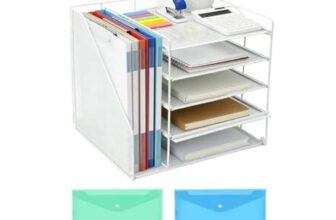 DIBALIYI 5-Tier Mesh Desk Organizer with File Holders, White