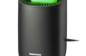 Daewoo 600ml Compact Dehumidifier Quiet Low Energy Air Moisture Remover for Small Rooms, Wardrobes, Auto Shut-Off, Easy Clean Tank